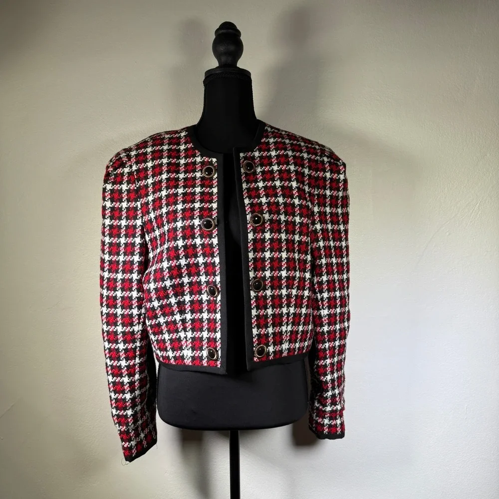 Vintage Leslie‎ Fay Jacket Womens 14 Red Houndstooth Plaid Maximalist Leslie